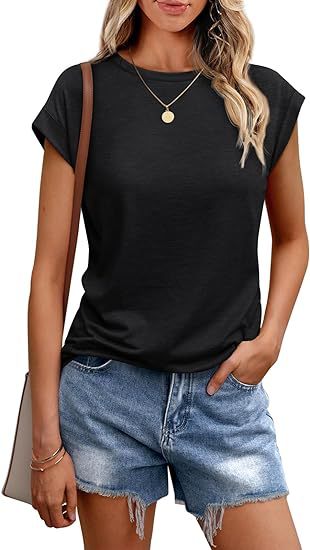 Camiseta informal de verano para mujer, color liso, cuello redondo, manga corta, sin mangas