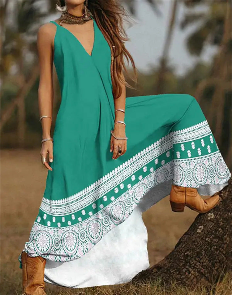 Women Fashion Casual Graphic Print V Neck Spaghetti Strap Maxi Dress