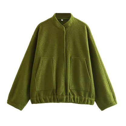 Chaqueta holgada informal de color liso con cuello alto para mujer