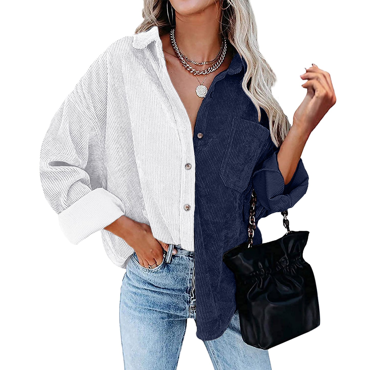 Blusa informal de manga larga con solapa y botones para mujer, con diseño de patchwork y bloqueo de color
