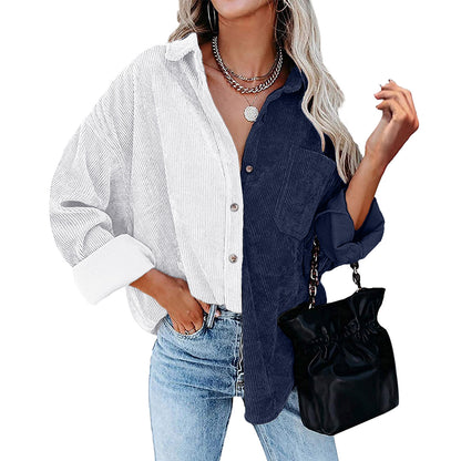 Blusa informal de manga larga con solapa y botones para mujer, con diseño de patchwork y bloqueo de color