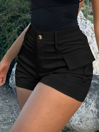 Women Fashion Casual Solid Color High Waist Button Pocket Shorts