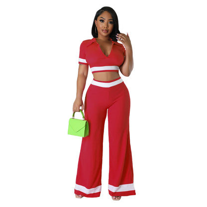 Conjunto de dos piezas de top corto y pantalones cortos de manga corta con bloques de color para mujer