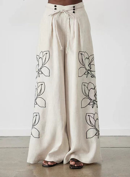 Conjunto de pantalones anchos con estampado de algodón y lino para mujer, estilo casual y moderno.
