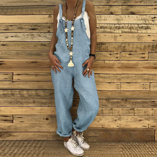 Women Casual Solid Color Sleeveless Summer Vintage Pocket Overalls Oversize Loose Jumpsuits
