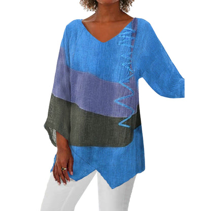 Blusa retro de manga larga con estampado artístico y cuello en V holgado informal de otoño para mujer