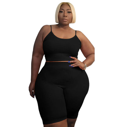 Plus Size Women Athleisure Casual Sports Two-Piece High Elastic U-Shaped Sleeveless Camis Shorts Set