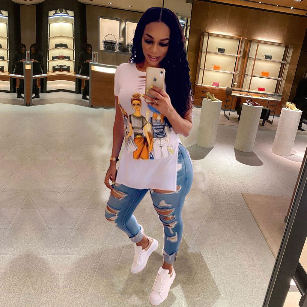 Fashion Women Edgy Casual Short Sleeves Graphic Print Side-slit Dress