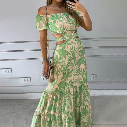 Women Casual Vacation Floral Printed Off-Shoulder High Waist Hollow Ruffled Dress