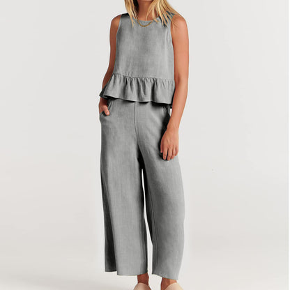 Conjunto de pantalón holgado sin mangas con volantes informales de color liso para mujer