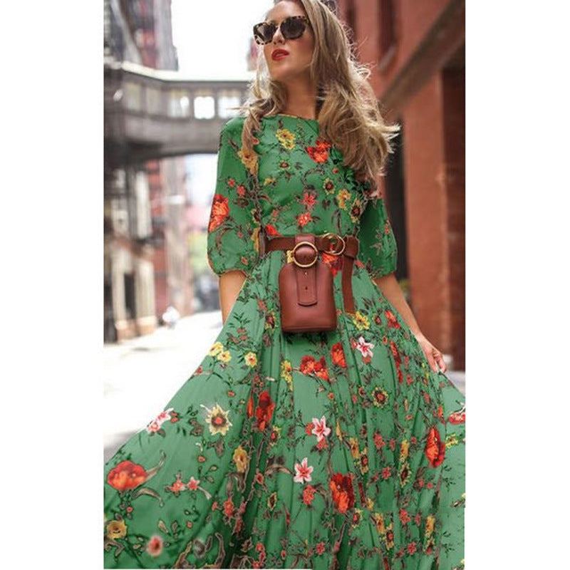 Women Casual Fashion Printed Swing Chiffon Maxi Dress