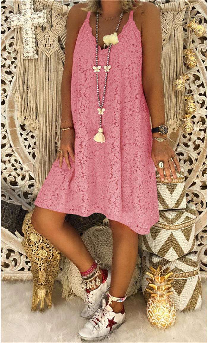 Women Elegant Sexy Solid Color Lace Loose Summer Boho V Neck Casual Slip Dress