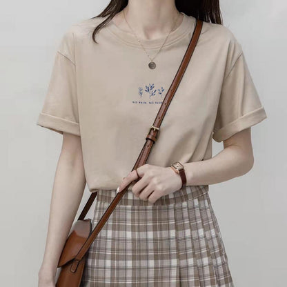 Camiseta informal de verano para mujer con estampado de plantas, cuello redondo y manga corta