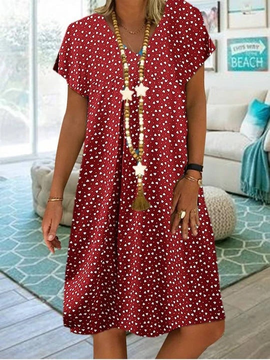 Women Fashion Casual V-Neck Dot Heart Print Dress