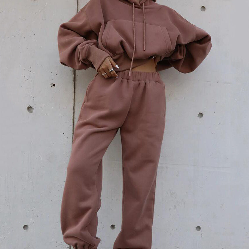 Conjunto deportivo informal para mujer, con bolsillos, color liso, manga larga, capucha y pantalones deportivos