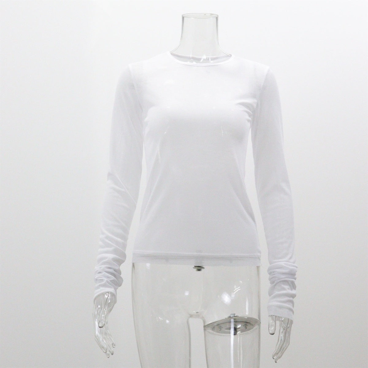 Camiseta informal de manga larga ajustada con cuello redondo y color liso para mujer