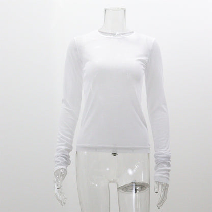 Camiseta informal de manga larga ajustada con cuello redondo y color liso para mujer
