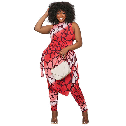 Conjunto de dos piezas informal holgado de moda con top y pantalones estampados divididos sin mangas de talla grande para mujer