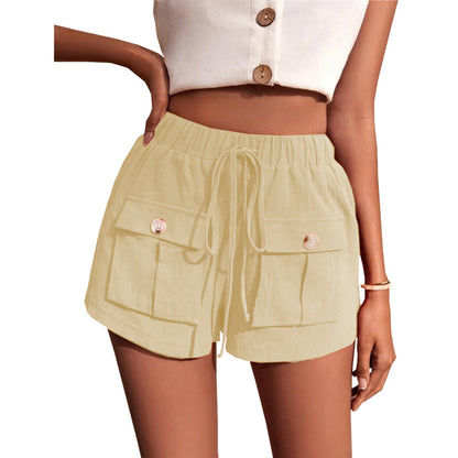 Women Summer Casual Pocket Loose Mid-Waist Drawstring Solid Color Cargo Shorts