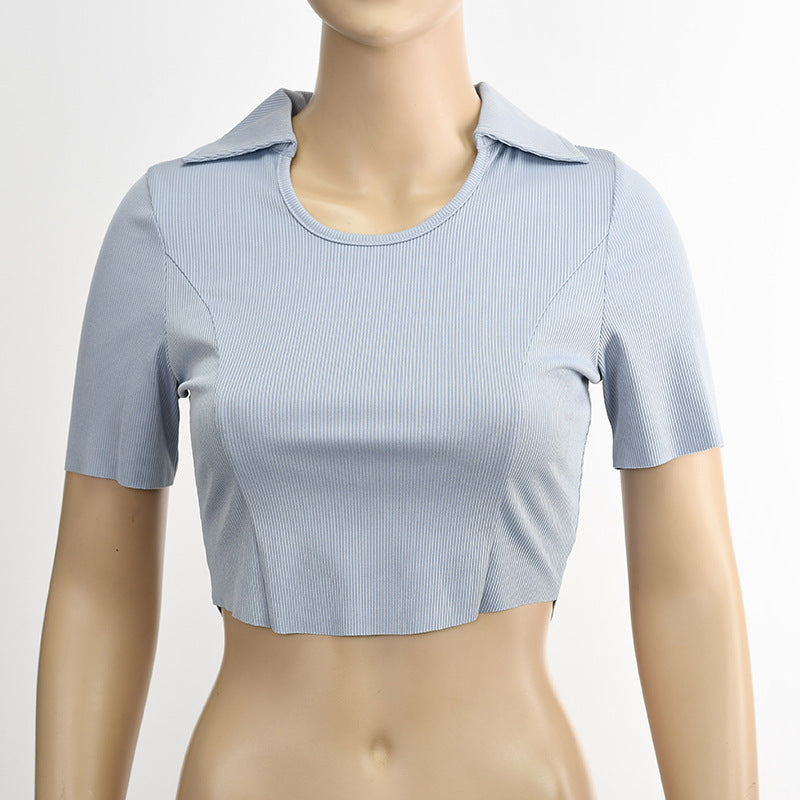 Women Fashion Casual Lapel Short Sleeve Crop Top
