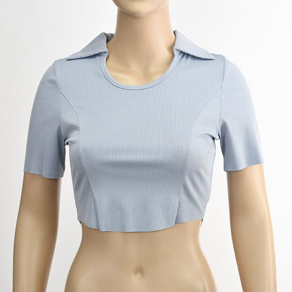 Women Fashion Casual Lapel Short Sleeve Crop Top