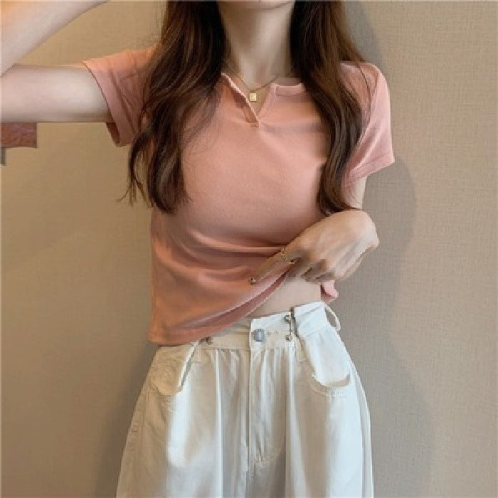 Women Casual Solid Color Short Sleeve Cropped Top Tee