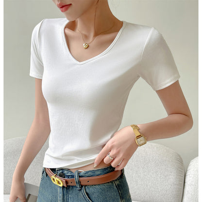 Camiseta básica de verano para mujer, informal, de color liso, con cuello en V y manga corta