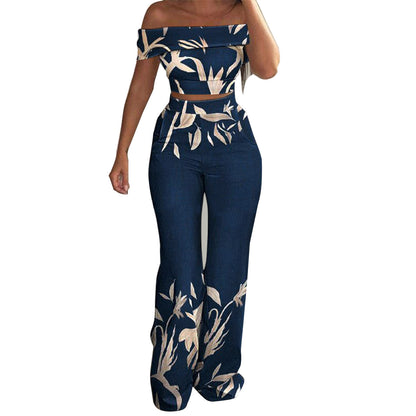 Summer Women Temperament Off-The-Shoulder Printed Top And High Waist Wide Leg Pants Casual Suits