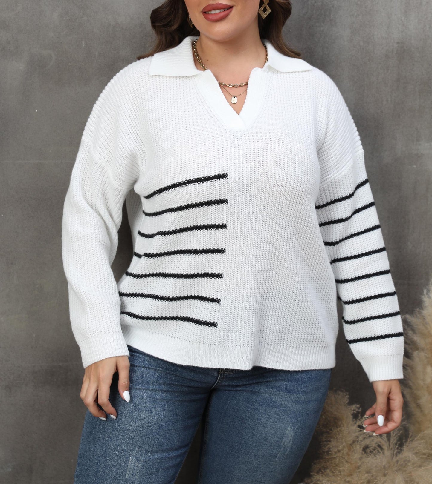Suéter holgado informal de punto con cuello en V y solapa a rayas para mujer, talla grande, para invierno y otoño