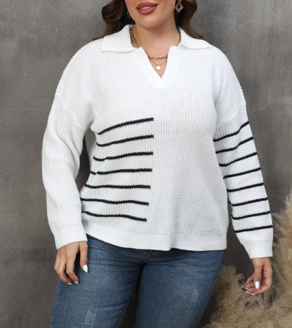 Suéter holgado informal de punto con cuello en V y solapa a rayas para mujer, talla grande, para invierno y otoño