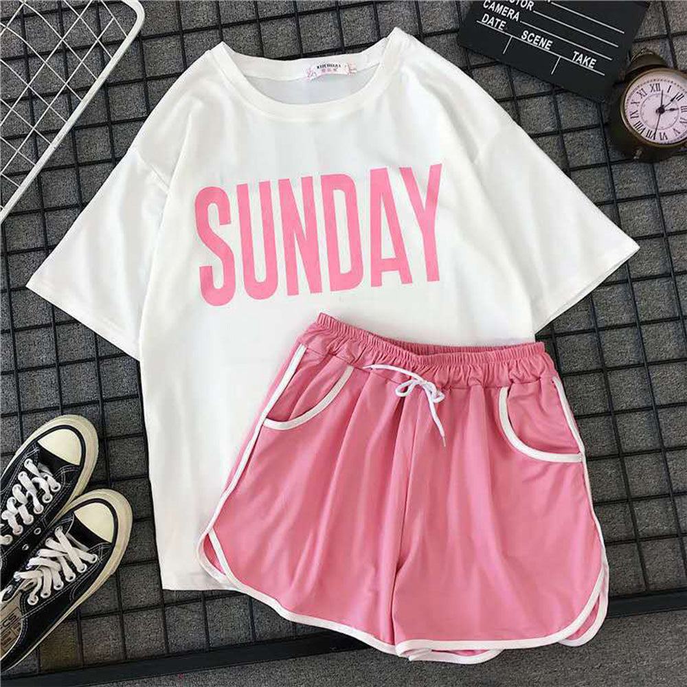 Women Casual Fashion Letter Print Short Sleeves T-shirt And Drawstring Shorts Two Piece Set