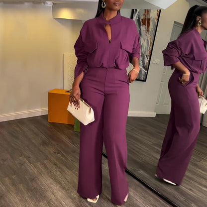 Conjunto de dos piezas de camiseta y pantalones anchos de manga larga con escote en V y color liso para mujer