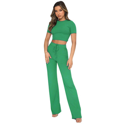 Conjunto de dos piezas para mujer, informal, de color sólido, elástico, ajustado, de manga corta y pierna ancha