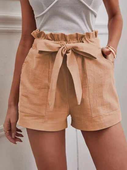 Women Casual Solid Color High Waist Bowknot Lace-Up Loose Shorts
