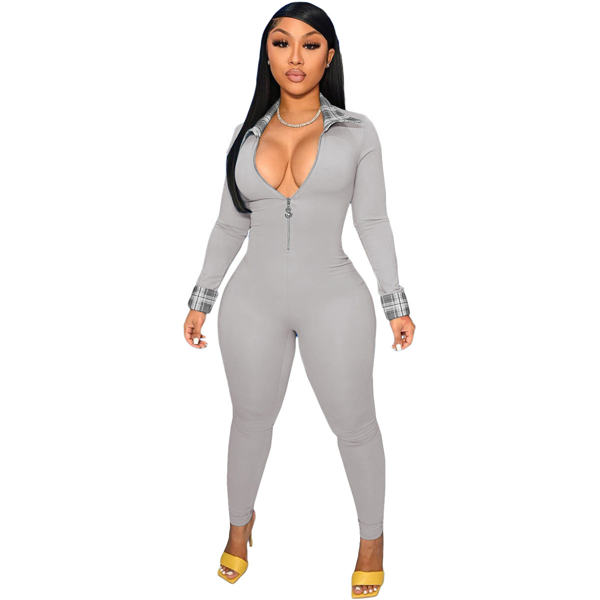 Women Stitching Lapel Zipper Long Sleeve Slim Fit Casual Jumpsuit