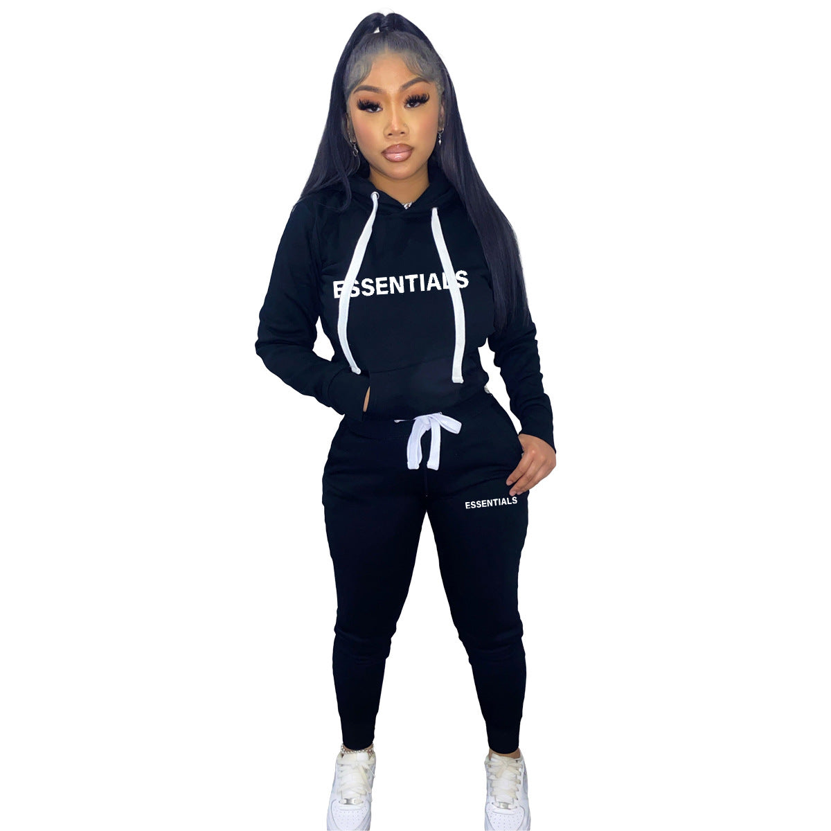 Fashion Women Athleisure Casual Style Letter Print Hoodied Drawstring Sweatpants Two-Piece Set