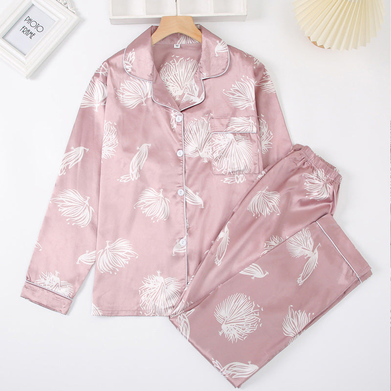 Conjunto de pijama informal de manga larga con solapa y estampado de plumas para mujer
