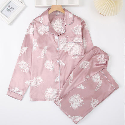 Conjunto de pijama informal de manga larga con solapa y estampado de plumas para mujer