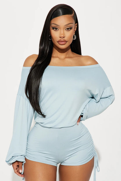 Women Fashion Casual Off-Shoulder Long-Sleeved Pleated Drawstring Tight Rompers