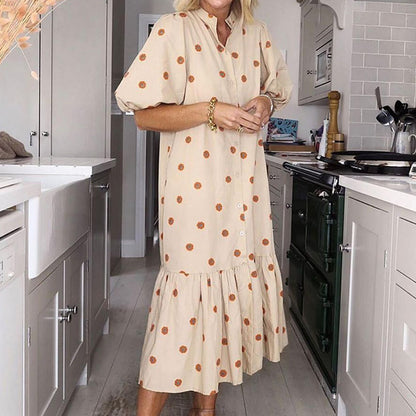 Vestido holgado con volantes y mangas cortas abullonadas con estampado informal a la moda para mujer