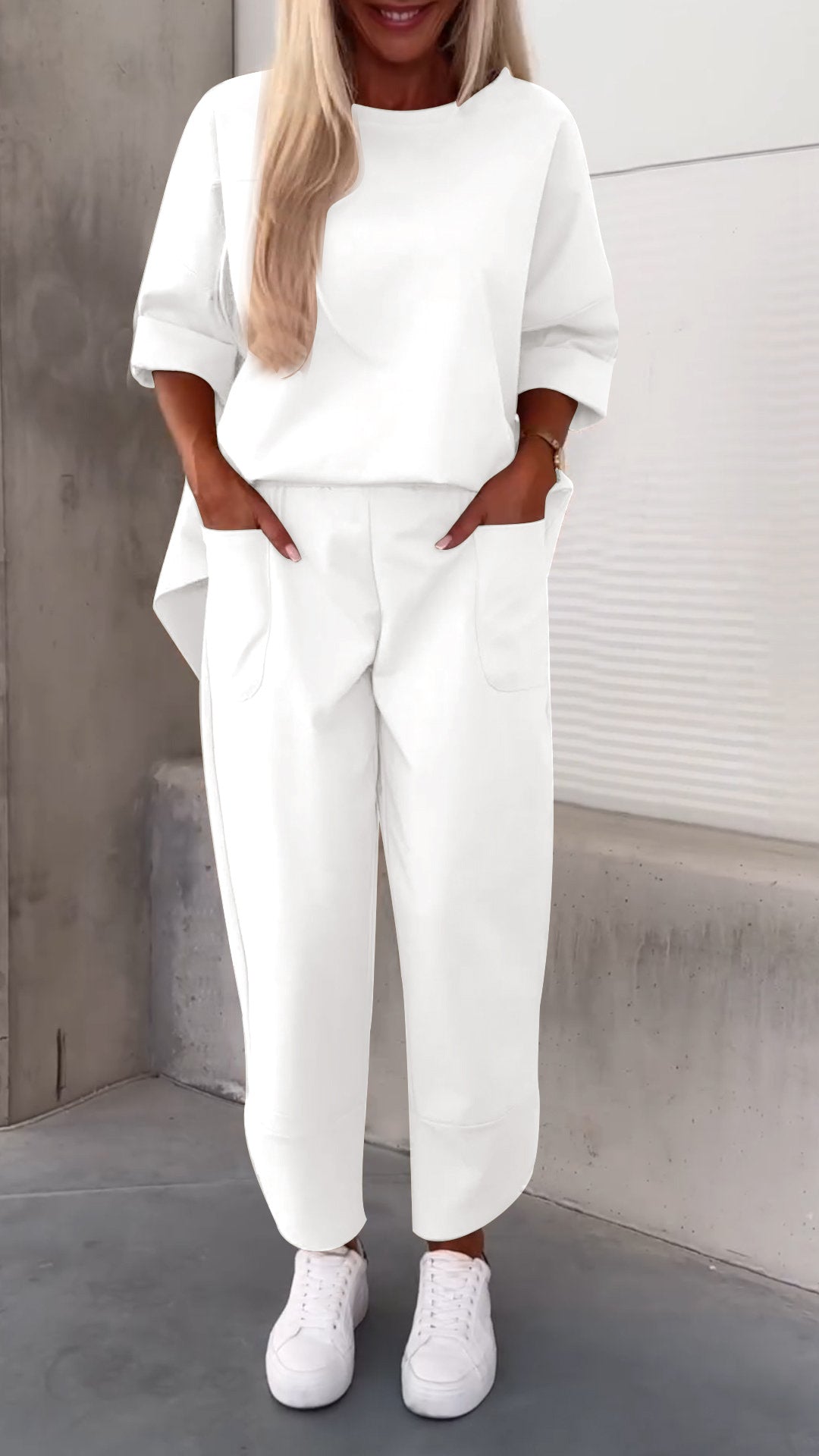 Autumn Winter Women Casual Solid Color Round Neck Long Sleeve Top Pocket Pants Two-Piece Set