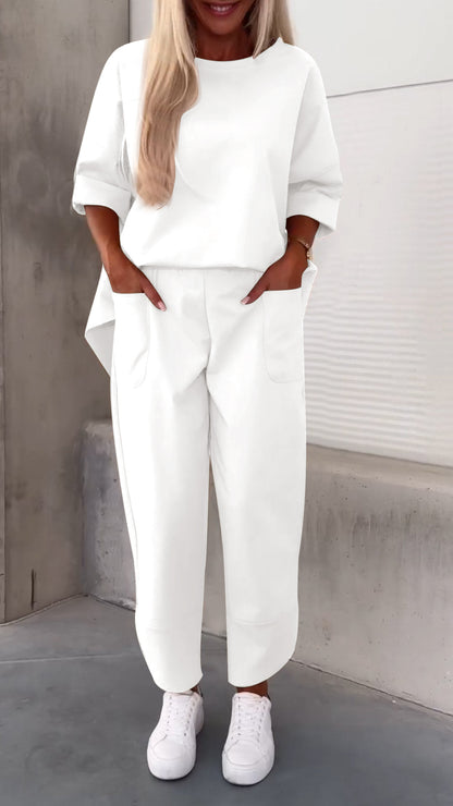 Autumn Winter Women Casual Solid Color Round Neck Long Sleeve Top Pocket Pants Two-Piece Set