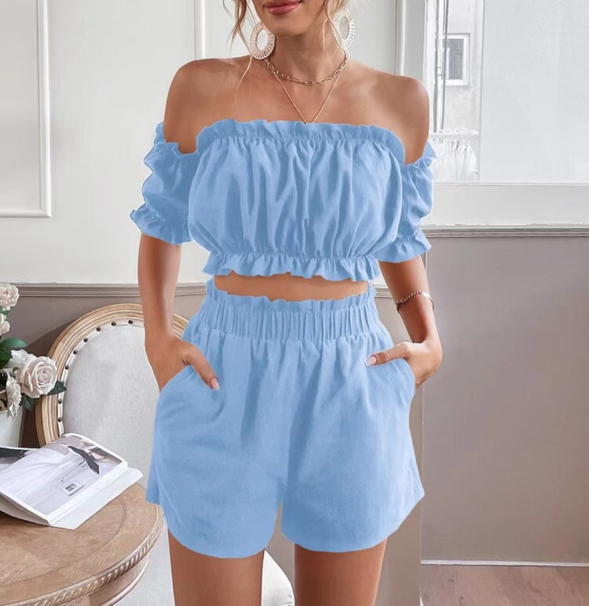 Casual Women Solid Color Off Shoulder Ruffle Short Sleeve Fashion Shorts Sets