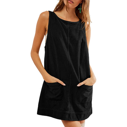 Women Casual Corduroy Solid Color Sleeveless Mini Dress
