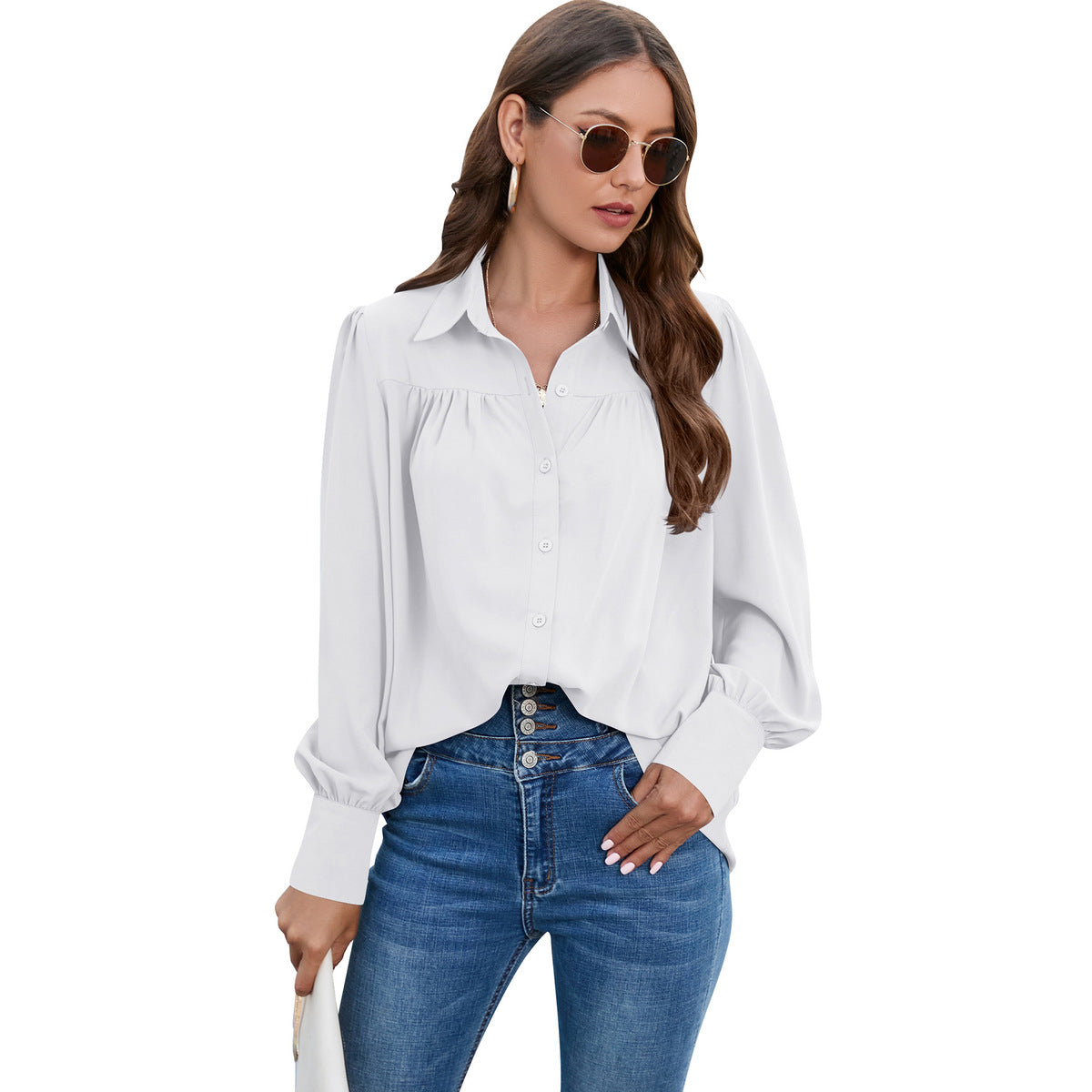 Blusa informal de gasa plisada de manga larga de color liso para mujer, talla grande