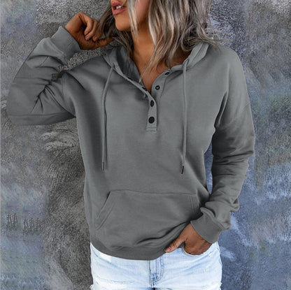 Sudadera con capucha básica informal de manga larga con bolsillo suelto y cuello en V para mujer