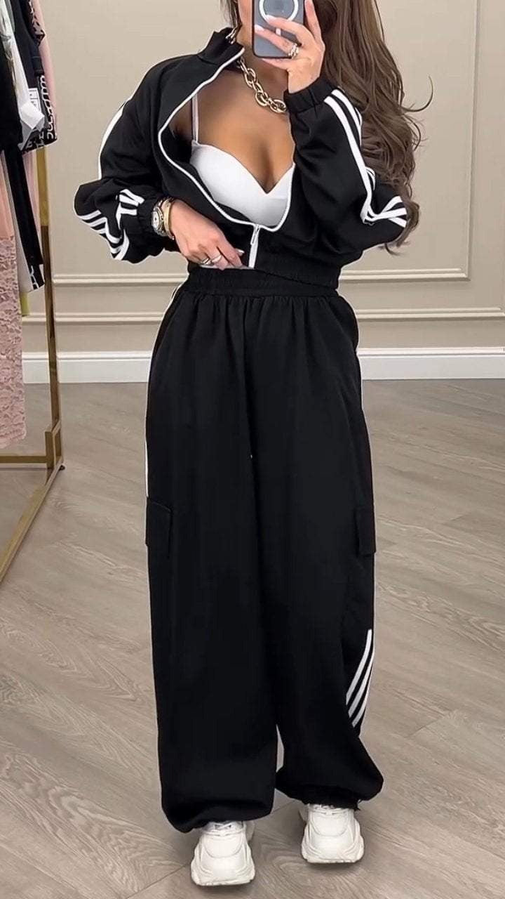 Conjunto de sudadera y pantalones casuales de moda para mujer, estilo deportivo, a rayas, de manga larga y con cremallera, para invierno y otoño