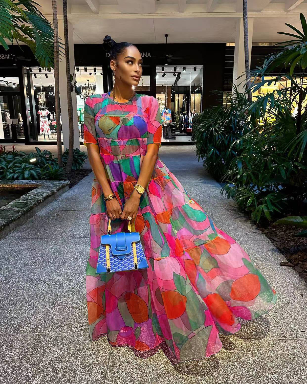 Vestido largo informal holgado de manga corta con estampado floral y hojas de malla estilo bohemio para mujer para vacaciones de verano