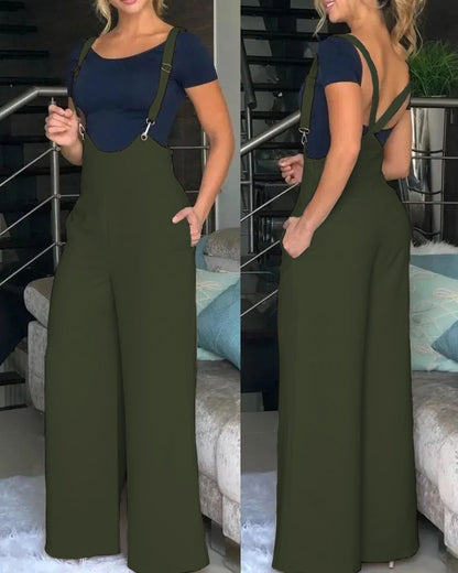 Women Fashion Casual Solid Color Loose Strap Pants