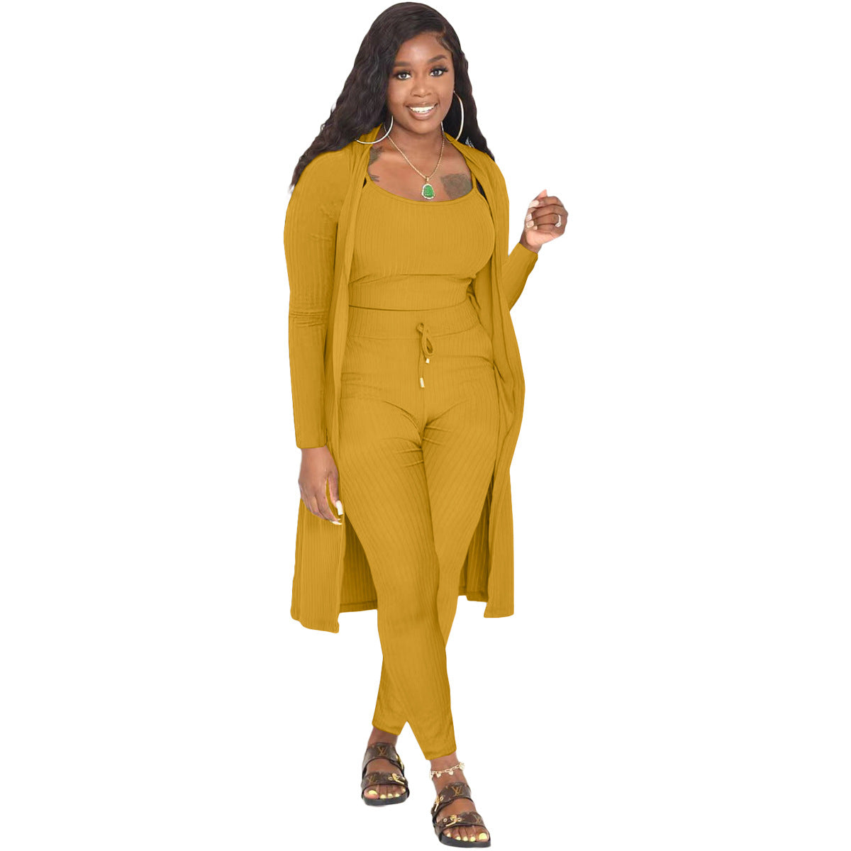 Fashion Women Casual Solid Color Rib-Knit Cardigan Camis And Skinny Pants Three Piece Set